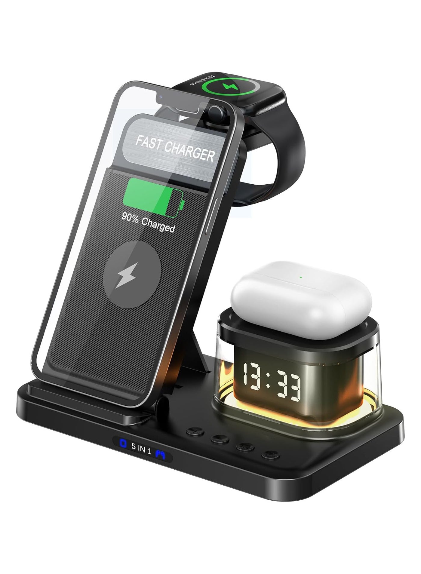 5 in 1 Wireless Charging Station,Foldable Fast Wireless Charger Stand for Apple, Fast Magnetic Wireless Charger Compatible with iPhone 15 14 13 12 Pro/Max/Plus, 5W for Apple Watch 9/8/7/6/5/4/3/2/SE/Ultra 2, AirPods 3/2/Pro,Black