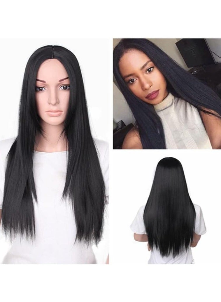 Estelle Hair Long Wavy Wig With Bangs High Synthetic Heat Resistant Wigs Curly Wavy Hair Wigs for Women Girls Beauty Fashion Natural Looking Curly Hair (long, no fringe straight black) - Image 1