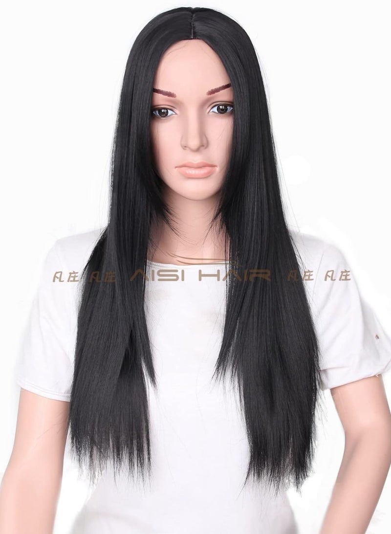 Estelle Hair Long Wavy Wig With Bangs High Synthetic Heat Resistant Wigs Curly Wavy Hair Wigs for Women Girls Beauty Fashion Natural Looking Curly Hair (long, no fringe straight black) - Image 2