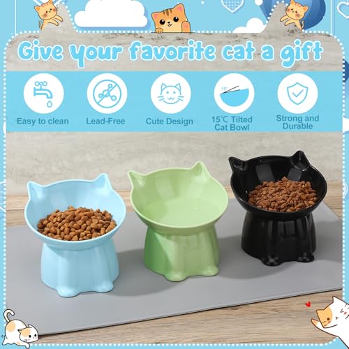 Hoemwarm 3 Pcs Elevated Cat Bowls 15°Raised Cat Food Bowl with Silicone Mat Whisker Friendly Anti Vomiting Cats Dishes Pet Food and Water Bowls for Indoor Cats Kittens Classic Blue, Black, Green Colors - Image 3