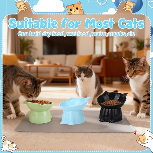 Hoemwarm 3 Pcs Elevated Cat Bowls 15°Raised Cat Food Bowl with Silicone Mat Whisker Friendly Anti Vomiting Cats Dishes Pet Food and Water Bowls for Indoor Cats Kittens Classic Blue, Black, Green Colors - Image 2