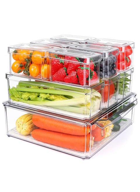 MahMir® 10 Pack Fridge Organizer, Stackable Refrigerator Organizer Bins with Lids, BPA-Free Produce Fruit Storage Containers for Storage Clear for Food, Drinks, Vegetable Storage