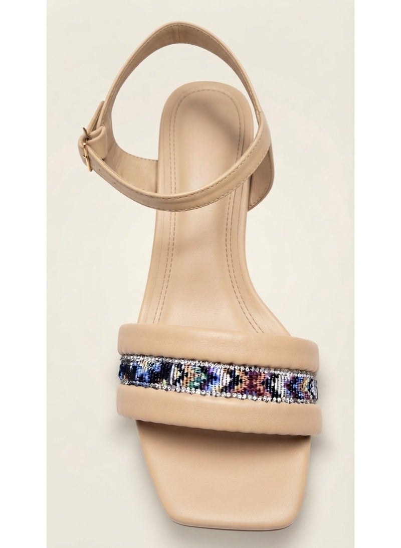 Women's sandals with a wide heel, decorated with a colorful crystal-embroidered front strap. - Image 5