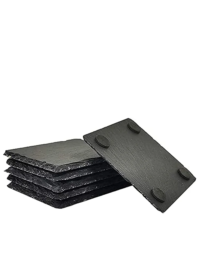 1Chase 6-Piece Natural Stone Square Slate Coaster With Rough Edge Black 10X10cm