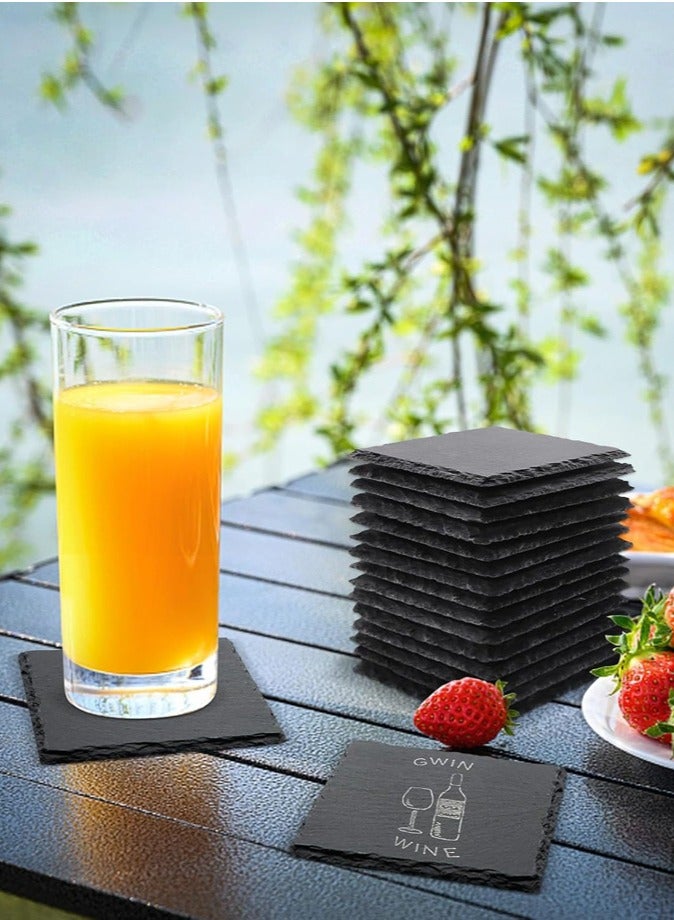 1 تشيس طقم قواعد أكواب من الحجر الطبيعي من 6 قطع - قواعد أكواب مربعة رمادية داكنة مقاس 10×10 سم مع حافة خشنة، أدوات مائدة ريفية للقهوة والشاي والبيرة وديكور المنزل - Image 2