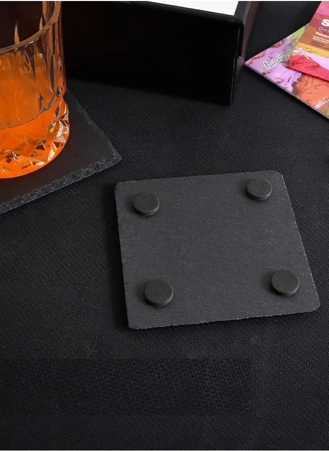 1Chase 6-Piece Natural Stone Square Slate Coaster With Rough Edge Black 10X10cm
