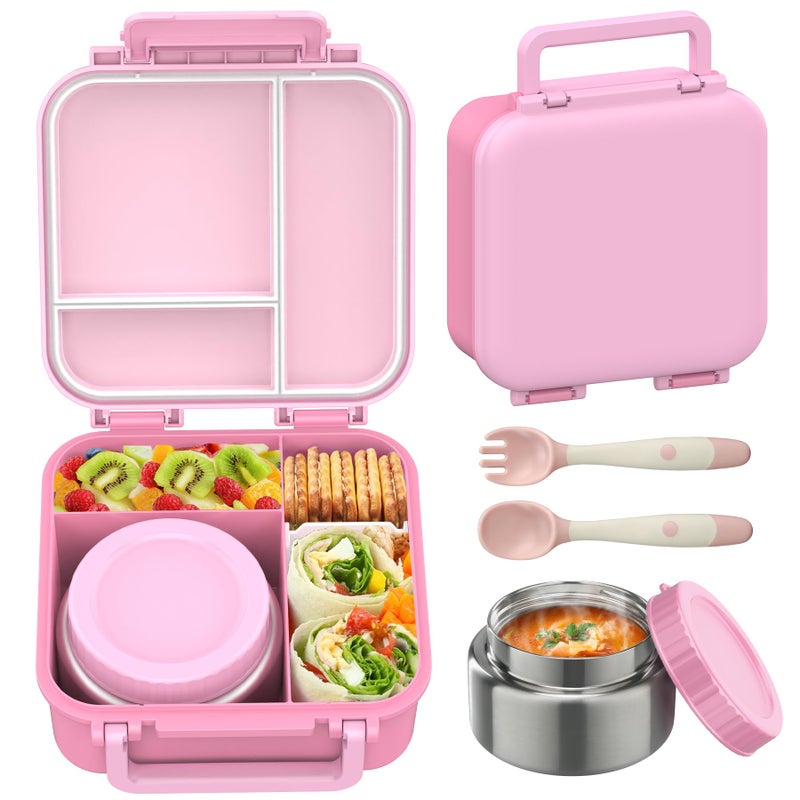 JOOPETALK Bento Lunch Box for Kids with 9oz Thermo, Leak-proof Lunch Containers with 3 Compartments,Kids-friendly Size,Durable/Dishwasher Safe Lunch Box for School Outdoors-Pink - Image 1