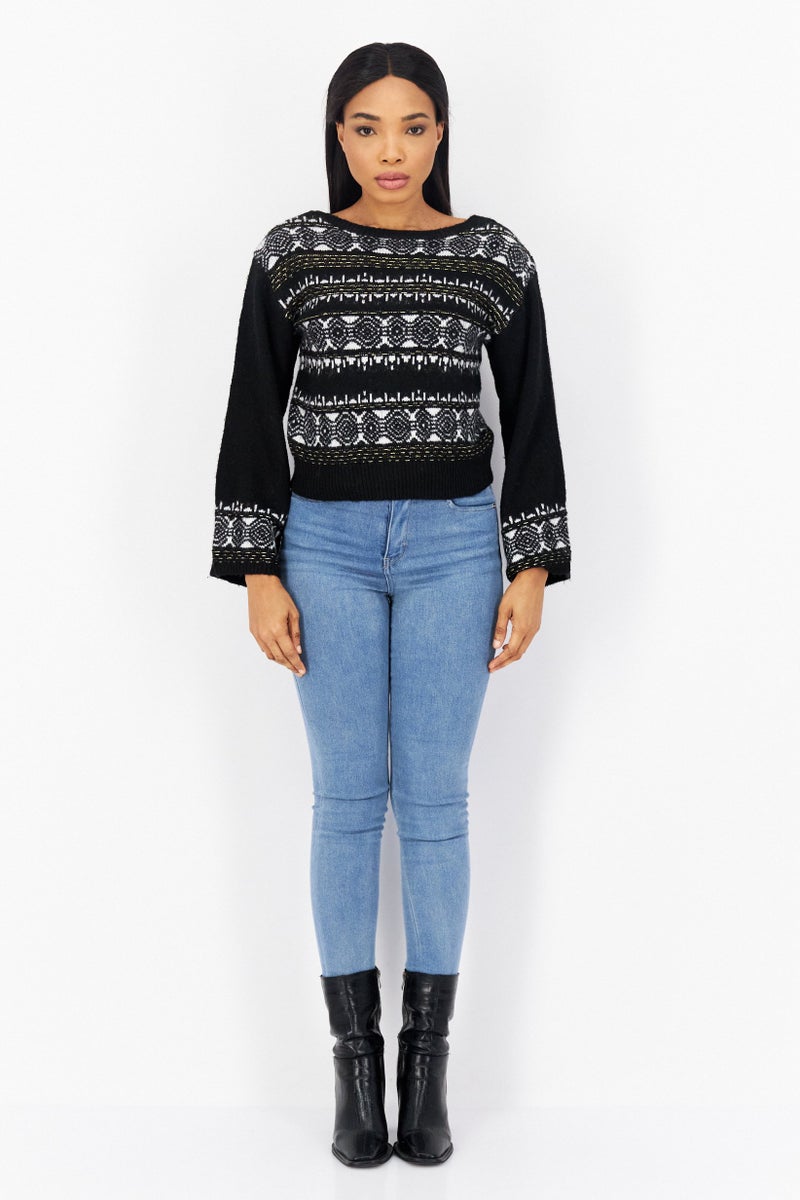 Sam Edelman Women Boat Neck Long Sleeve Allover Print Sweater, Black Combo - Image 4