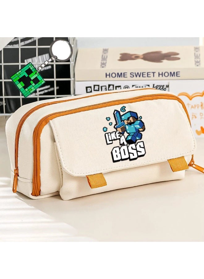 Like A Boss Minecraft Style Off-White Pencil Case | Large Capacity Multi-Compartment Pen Holder for 65 Pens - Image 1