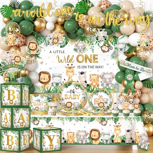 Bezkega Safari Baby Shower Decorations262pcs Wild Birthday Decorations Jungle Baby Shower Decorations Plates and Napkin Cups Backdrop Banner Tablecloth Balloons Garland BoxesServes 20 - Image 1