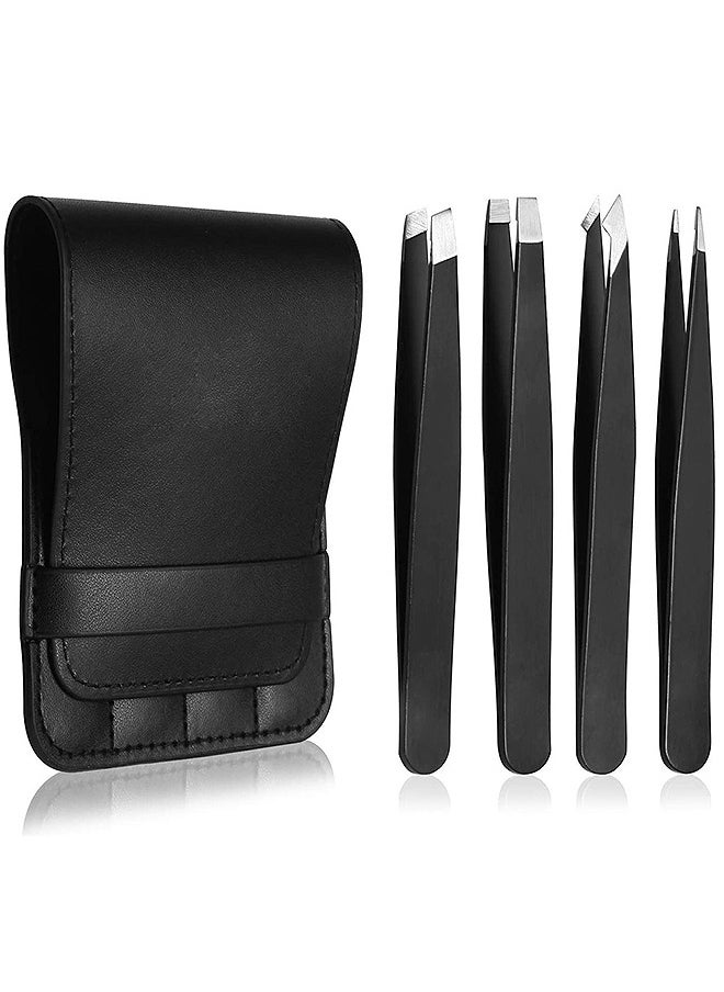 Depend Eyebrows Tweezers Set, 4 PCS Woman And Men Precision Eyebrow Tweezers Set With Travel Case, For Ingrown Fine Hair Removal, Splinter Blackhead Remover Gifts (Black)  - Image 1