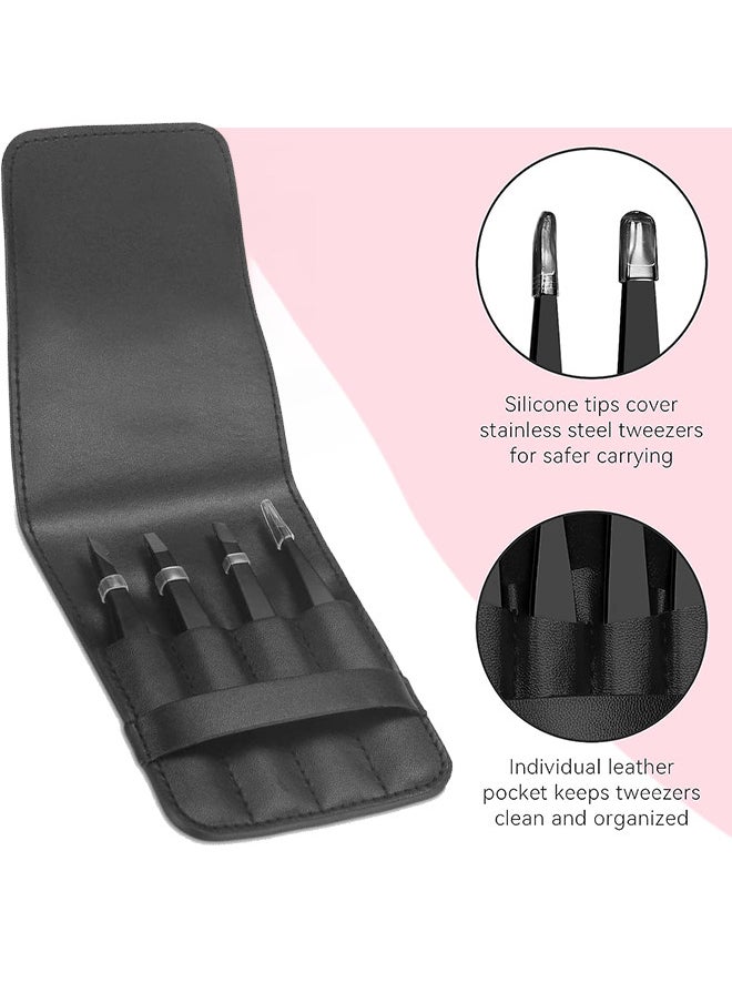 Depend Eyebrows Tweezers Set, 4 PCS Woman And Men Precision Eyebrow Tweezers Set With Travel Case, For Ingrown Fine Hair Removal, Splinter Blackhead Remover Gifts (Black)  - Image 4