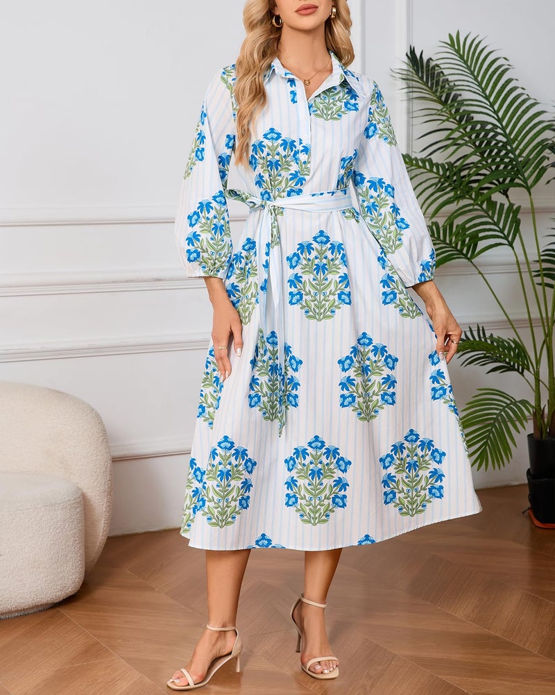 YEXPINE Womens Spring 2026 Casual Floral 3/4 Puff Sleeve Midi Shirt Dresses Button Down Belted Dress with Pockets Blue - Image 4