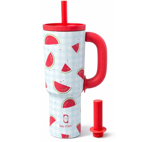 House of Quirk 1200ml Stainless Steel Tumbler with Handle, Straw & Straw Cap | Leakproof Water Bottle | Large Capacity Travel Mug (Melon Grid) - Image 1