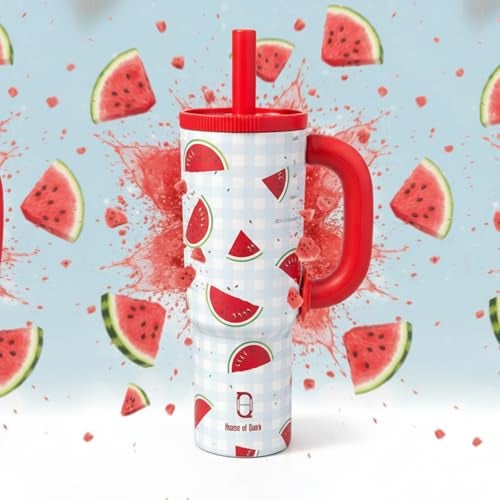 House of Quirk 1200ml Stainless Steel Tumbler with Handle, Straw & Straw Cap | Leakproof Water Bottle | Large Capacity Travel Mug (Melon Grid) - Image 3