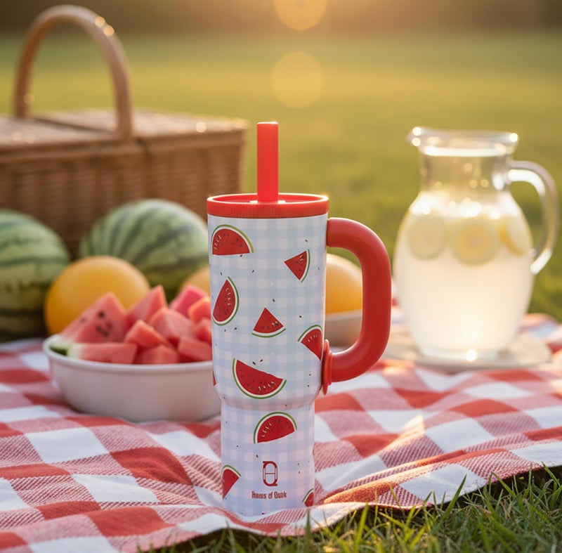 House of Quirk 1200ml Stainless Steel Tumbler with Handle, Straw & Straw Cap | Leakproof Water Bottle | Large Capacity Travel Mug (Melon Grid) - Image 5