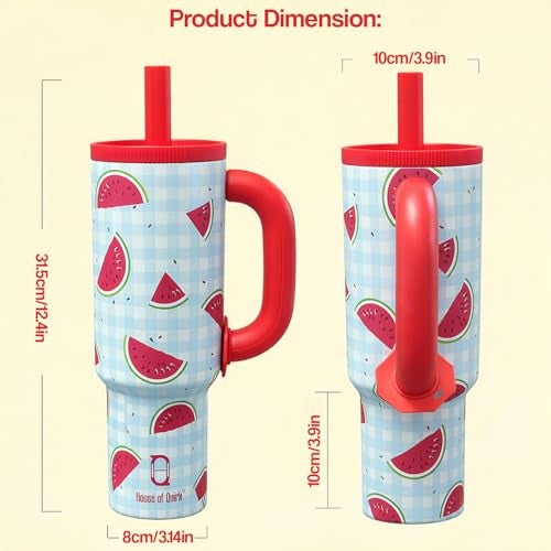 House of Quirk 1200ml Stainless Steel Tumbler with Handle, Straw & Straw Cap | Leakproof Water Bottle | Large Capacity Travel Mug (Melon Grid) - Image 4