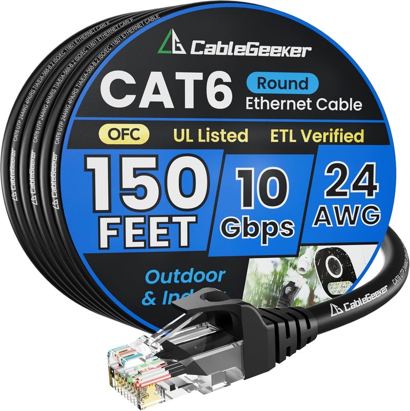 CableGeeker Cat 6 Ethernet Cable 150 ft, Indoor&Outdoor, High Speed 10Gbps 24AWG Pure Copper Internet Network Cable, Pure Copper Ethernet Patch Cable Long, PoE Computer LAN Cable for Router, Modem, PS5/4, Black - Image 1