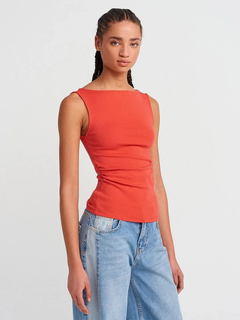 Dilvin DILVIN Sleeveless Boat Neck Jersey Blouse