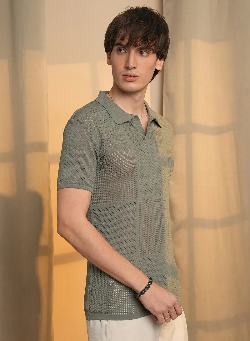 CAHOOT  Men's Olive Green Graph-Textured Polo T-Shirt for Men | Best Price UAE