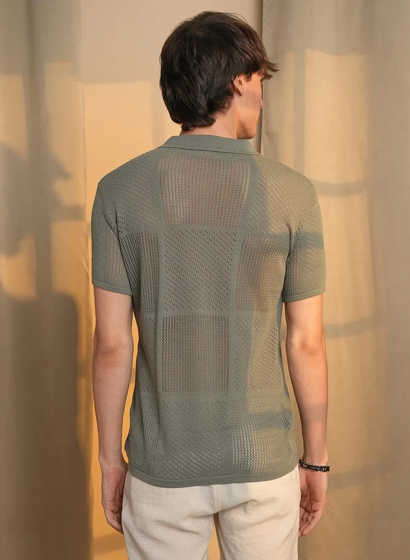 CAHOOT  Men's Olive Green Graph-Textured Polo T-Shirt for Men | Best Price UAE