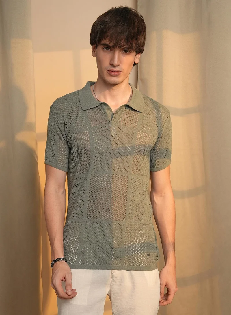 Campus Sutra Men's Olive Green Graph-Textured Polo T-Shirt