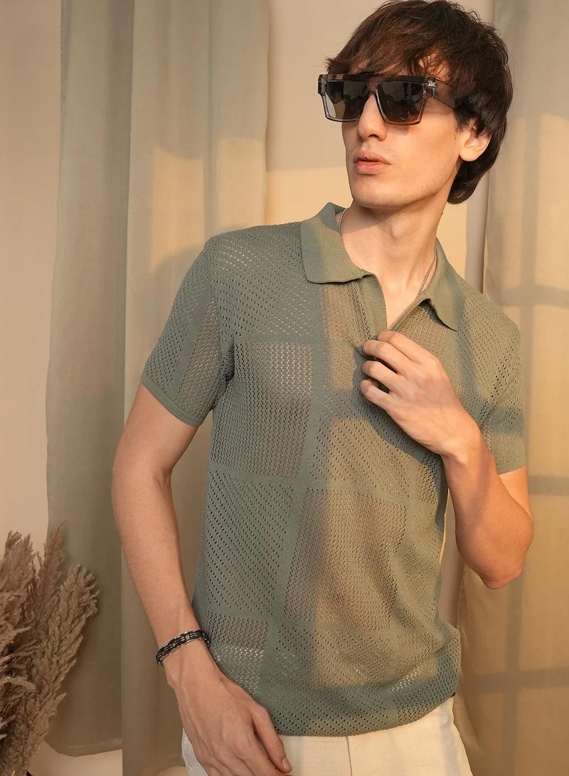Campus Sutra Men's Olive Green Graph-Textured Polo T-Shirt