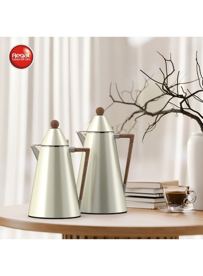 ريجال طقم حافظات مشروبات ريبل ريغال – 0.5 لتر و1.0 لتر | هيكل ستانلس ستيل مع بطانة زجاجية | لون بيج لؤلؤي مع مقبض خشبي - Image 1