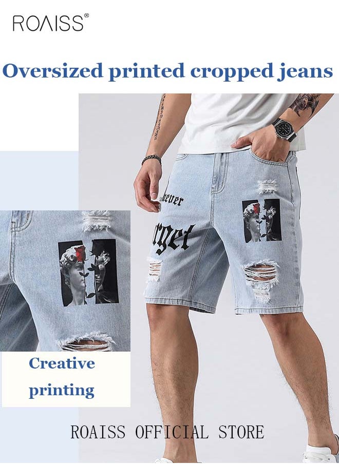 roaiss Men's Broken Jean Shorts Casual Distressed Slim Fit Jeans Short Pants Summer Knee Lenght Ripped Moto Bike Jeans Men Ripped Frayed Cat Scratch Loose Jeans  - Image 3