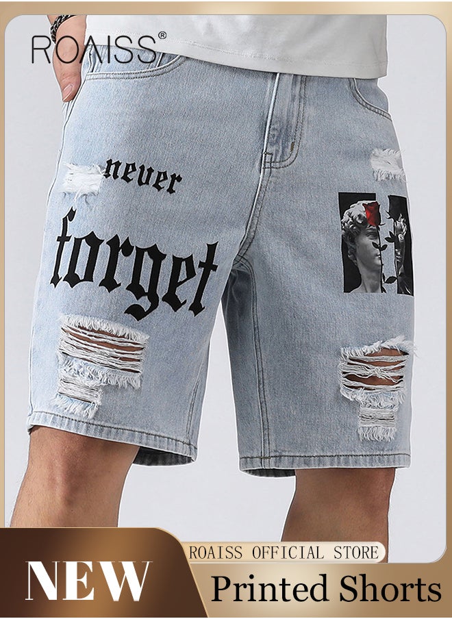 roaiss Men's Broken Jean Shorts Casual Distressed Slim Fit Jeans Short Pants Summer Knee Lenght Ripped Moto Bike Jeans Men Ripped Frayed Cat Scratch Loose Jeans  - Image 1