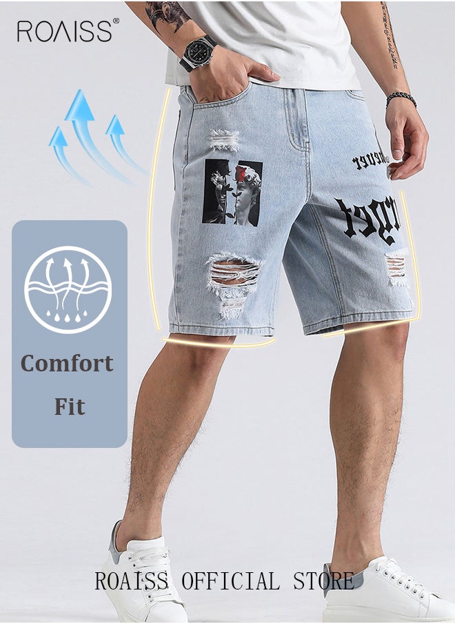 roaiss Men's Broken Jean Shorts Casual Distressed Slim Fit Jeans Short Pants Summer Knee Lenght Ripped Moto Bike Jeans Men Ripped Frayed Cat Scratch Loose Jeans  - Image 2