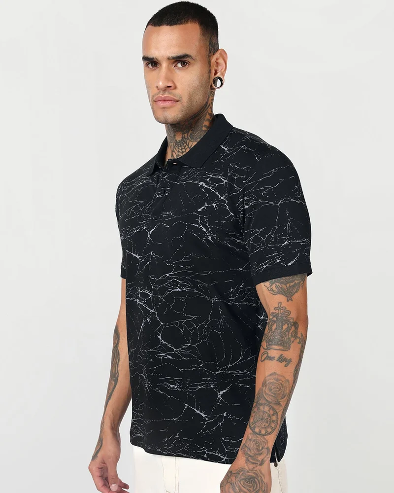 Men's Jet Black All Over Printed Polo T-shirt
