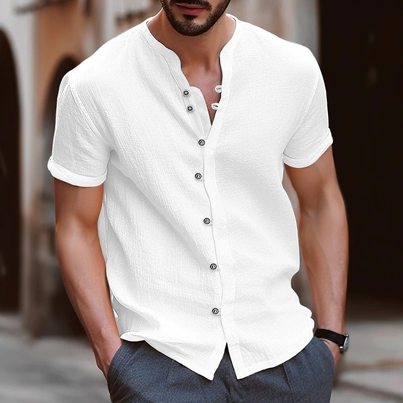Weiwei New Fashion Men'S Retro Button Cotton And Linen Casual Short-Sleeved Shirt Men'S Sale Summer - Image 2