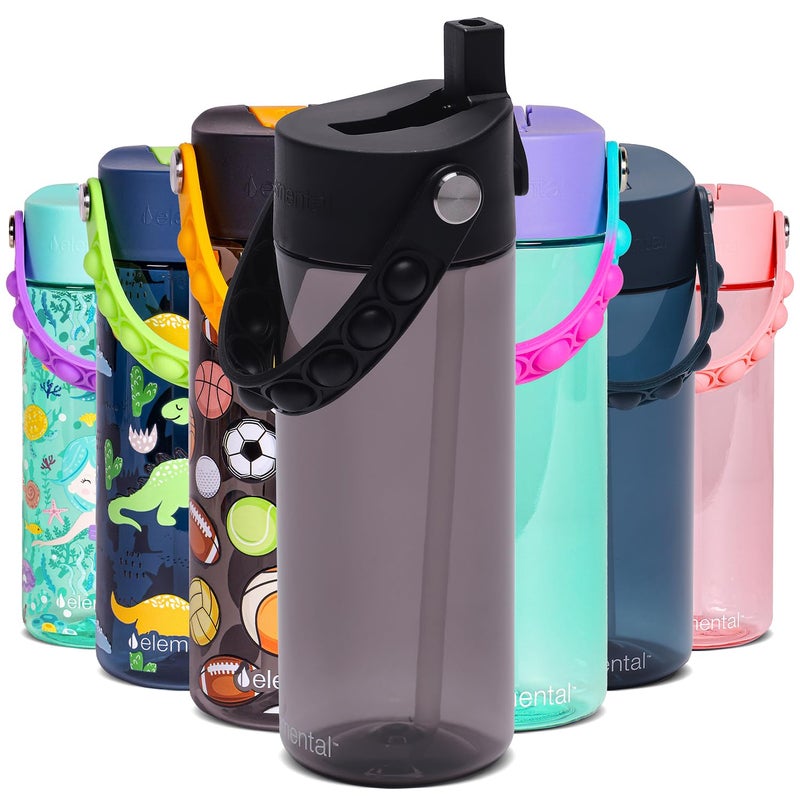 Elemental Water Bottles for Kids Splash Kids Water Bottle for School with Popit Handle BPA Free Tritan Plastic Water Bottle with Straw Leak Proof when Spout is Closed Black 18oz