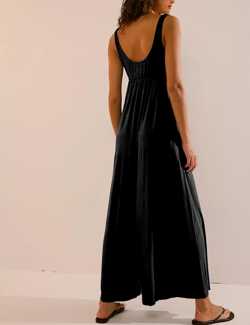 IQSQSQ Women's Casual Loose Jumpsuits One Piece Sleeveless Wide Leg Long Pant Rompers With Pockets(Black-XS) - Image 4