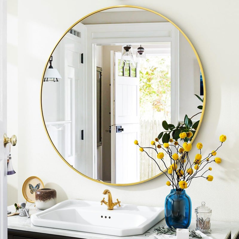 VooBang Gold Round Bathroom Mirror 24 inch Circle Wall Mounted Hanging Mirror with Simple Modern Circular Metal Frame for Hallway Entryway Living Room Gold Frame