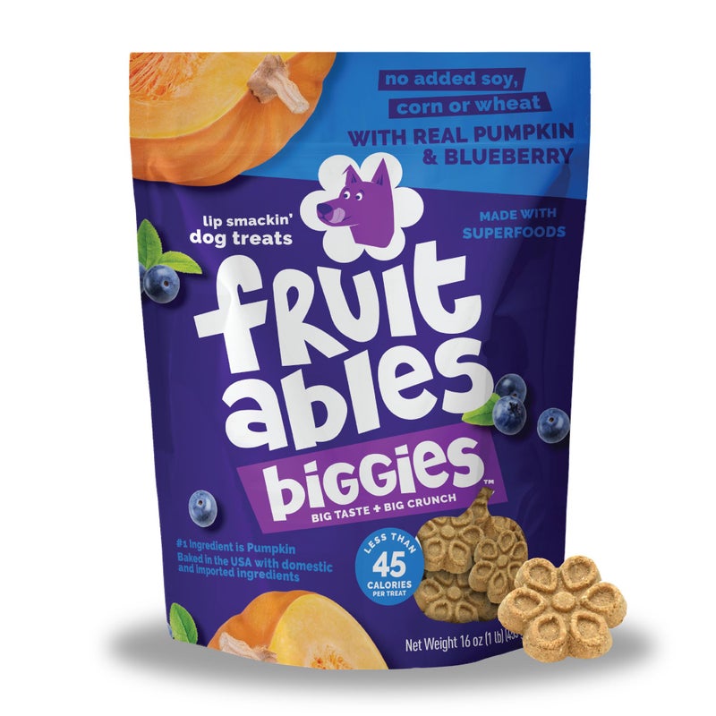 Fruitables Biggies Dog Biscuits, Healthy Treats for Dogs, Doggie Biscuits, Crunchy Pumpkin Treats, Made Without Wheat, Corn and Soy, Made in The USA, Pumpkin and Blueberry Flavor, 16oz - Image 1