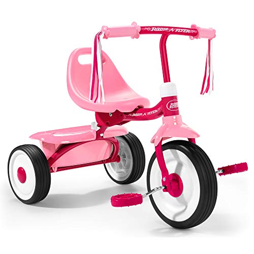 Radio Flyer 415PS Kids Readily Assembled Steel Framed Adjustable Beginner Fold 2 Go Trike with Spacious Storage Bin and Handle Streamers Pink - Image 1