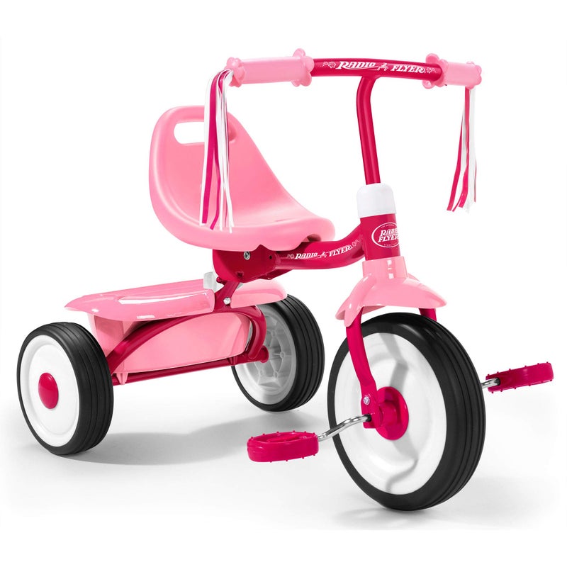 Radio Flyer 415PS Kids Readily Assembled Steel Framed Adjustable Beginner Fold 2 Go Trike with Spacious Storage Bin and Handle Streamers Pink - Image 2
