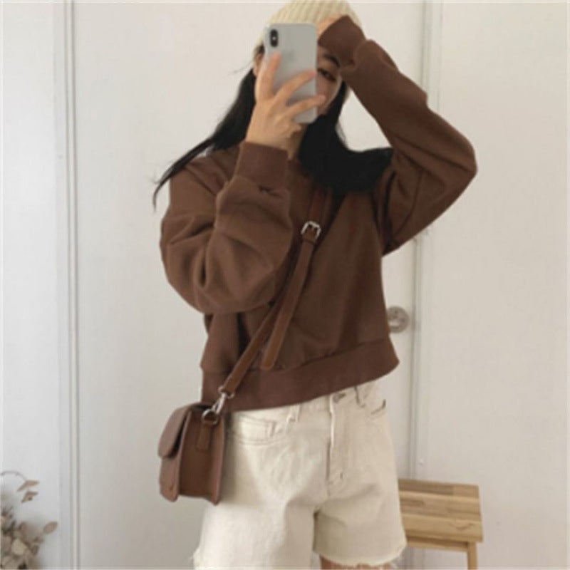 2024 Spring and Autumn Korean Style Sweatshirt Womens Loose Trendy Short All-match Student Thin Hoodless Jacket Long-sleeved Top Trendy Brown - Image 1