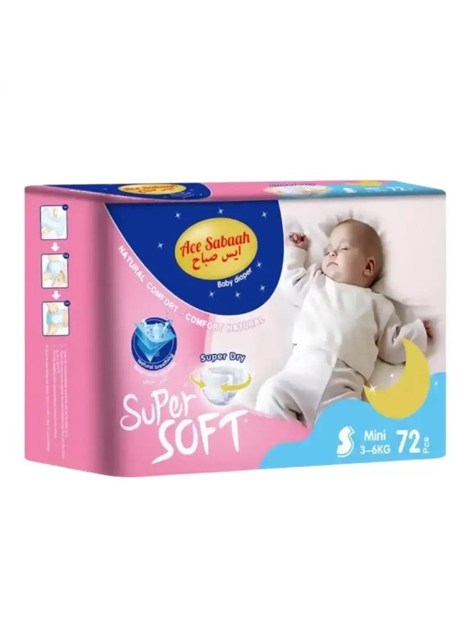 Ace Sabaah Ace Sabaah Natural Comfort And Breathing Super Dry Mini Baby Diaper Size Small, 3-6kg- 72pcs