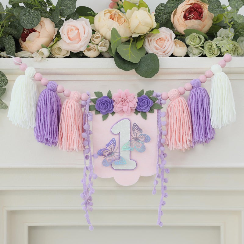 DCJHFJ Handmade Butterfly Wildflower 1st Birthday High Chair Banner Purple Pink Floral Theme Party Decoration For Girls Wall Hangings Decorative - Image 4