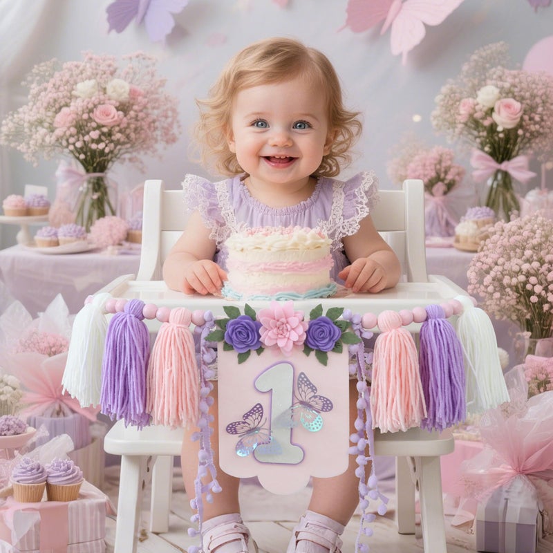 DCJHFJ Handmade Butterfly Wildflower 1st Birthday High Chair Banner Purple Pink Floral Theme Party Decoration For Girls Wall Hangings Decorative - Image 5