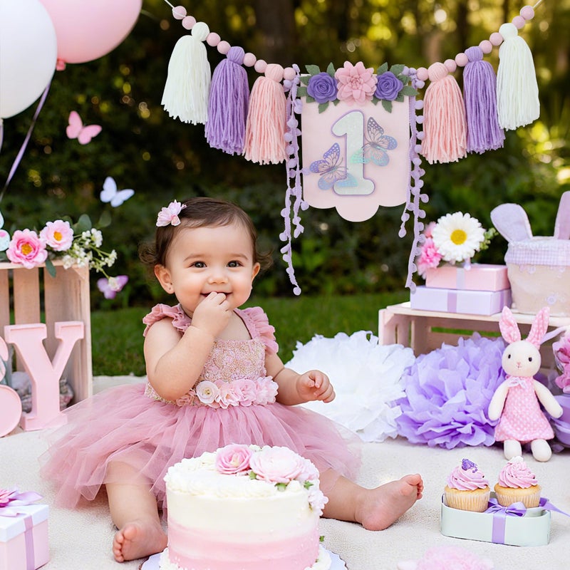 DCJHFJ Handmade Butterfly Wildflower 1st Birthday High Chair Banner Purple Pink Floral Theme Party Decoration For Girls Wall Hangings Decorative - Image 3