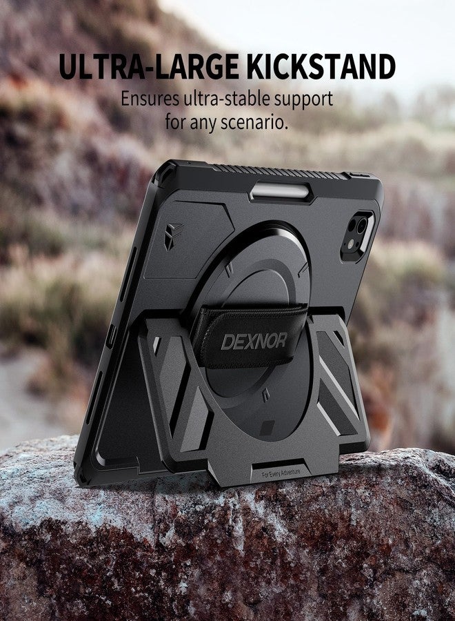 Dexnor for iPad Pro 11 inch Case M4 2024, Rugged Protective Case with 360° Rotating Hand Strap & Large Steady Stand & Screen Protector & Pencil Holder Shockproof Full-Body Bumper Cover, Black - Image 3
