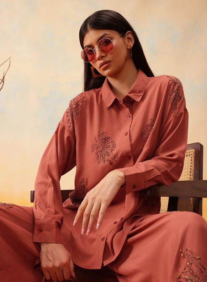 STREET 9 Embellished Long Sleeve Shirt with Trousers Set