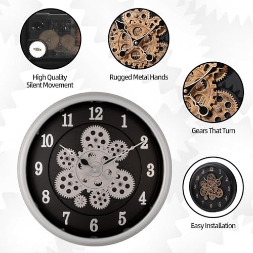 De'rons Rotating Moving Gears Wall Clock Industrial Steampunk Real Moving Gear Designer Wall Clock for Living Room Home Decor Office Wooden Look Plastic Round 32cm DC-1387 (Silver Black) - Image 4