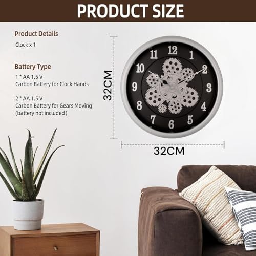 De'rons Rotating Moving Gears Wall Clock Industrial Steampunk Real Moving Gear Designer Wall Clock for Living Room Home Decor Office Wooden Look Plastic Round 32cm DC-1387 (Silver Black) - Image 3