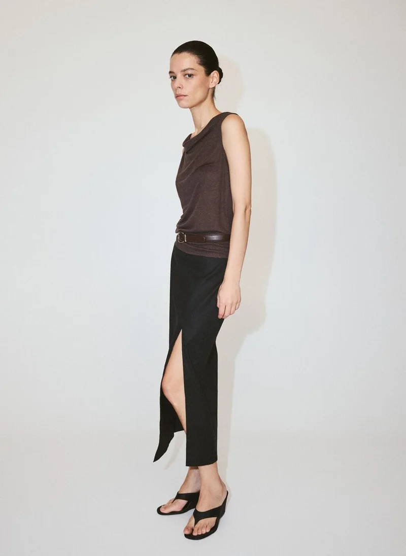 Mango 30-MARRON Linen Top With Draped Neckline for Women | Best Price UAE