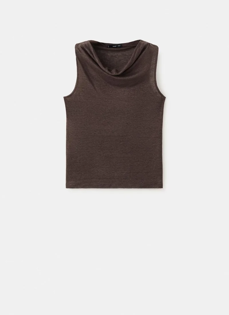 Mango 30-MARRON Linen Top With Draped Neckline for Women | Best Price UAE